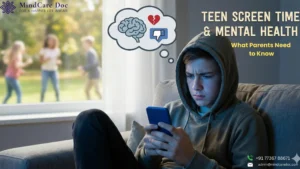 Teen Screen Time & Mental Health concept showing a teenage boy using a smartphone indoors while other teens play outside, highlighting Teen Screen Time & Mental Health concerns.