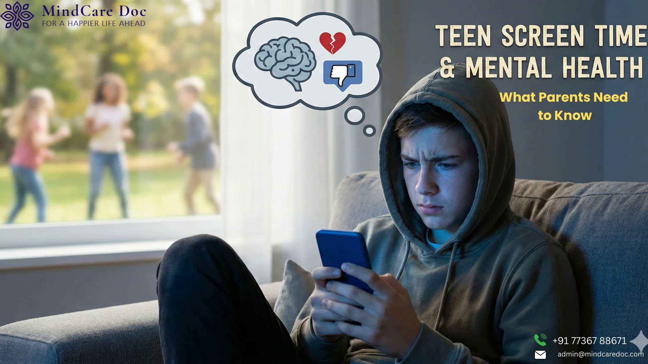 Teen Screen Time & Mental Health concept showing a teenage boy using a smartphone indoors while other teens play outside, highlighting Teen Screen Time & Mental Health concerns.