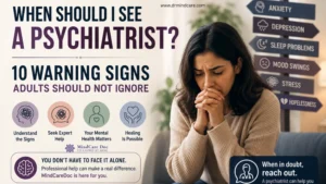 When should I see a psychiatrist? Featured image showing an adult experiencing emotional distress with warning signs including anxiety, depression, sleep problems, mood swings, stress, and hopelessness.