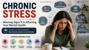Chronic stress warning signs affecting mental health shown through symptoms like anxiety, fatigue, sleep problems, mood swings, irritability, and difficulty concentrating.