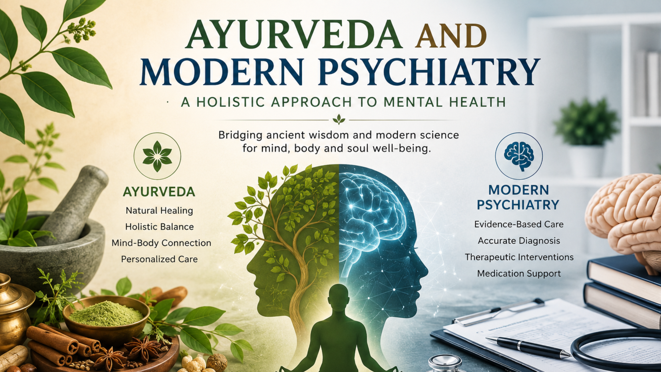 Ayurveda and modern psychiatry for holistic mental health.