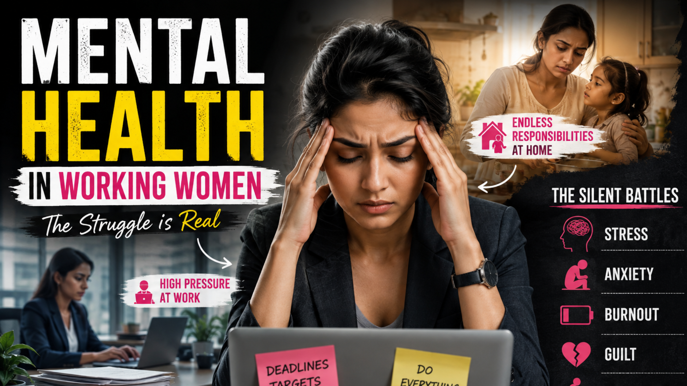 "Mental health issues in working women related to career stress, emotional burnout, and work-life balance"