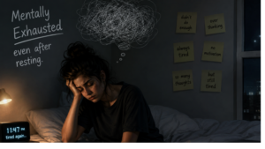 Woman feeling mentally exhausted even after resting, sitting thoughtfully at home with a cup of tea and phone nearby.