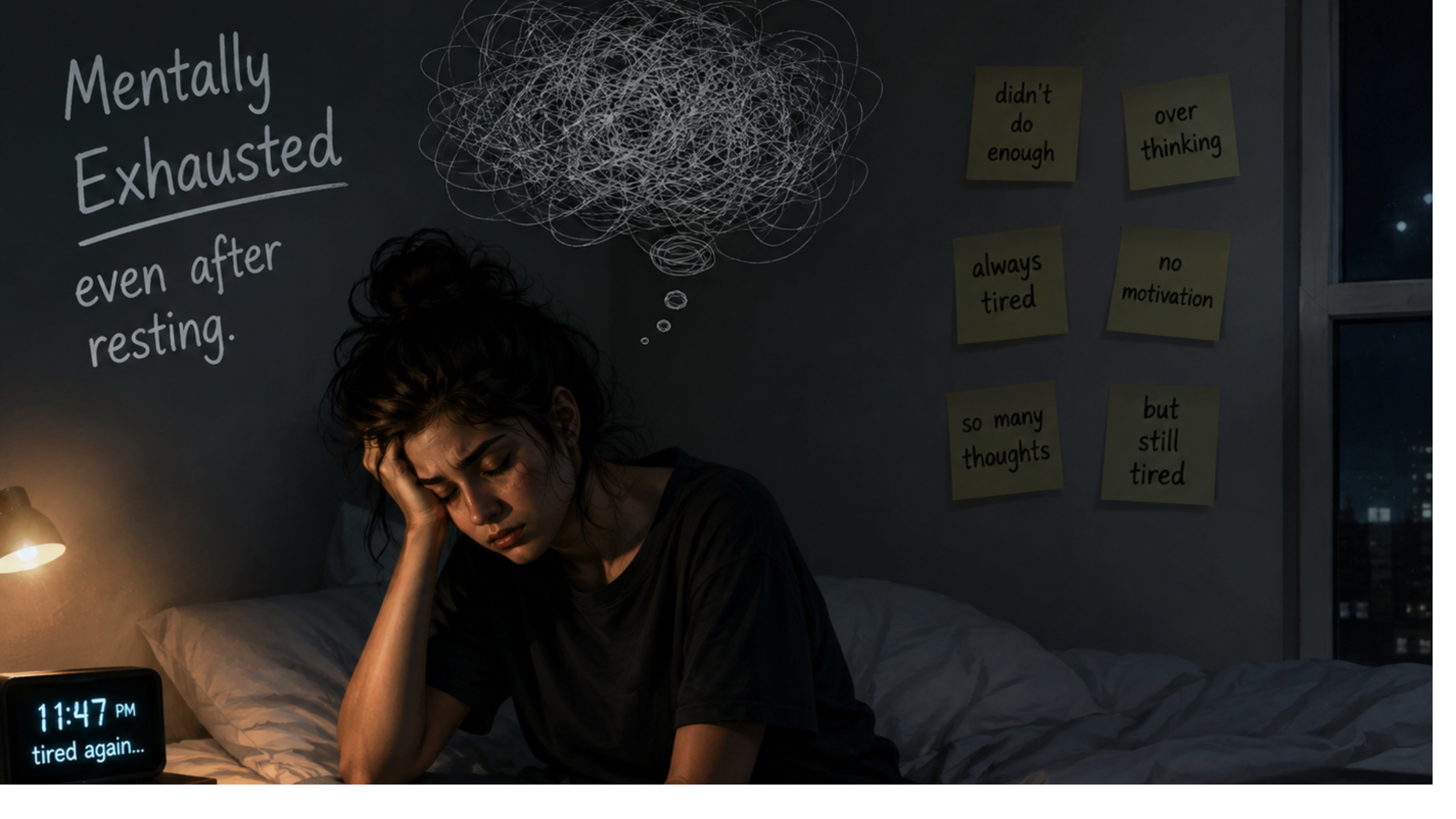 Woman feeling mentally exhausted even after resting, sitting thoughtfully at home with a cup of tea and phone nearby.