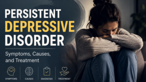 Persistent Depressive Disorder symptoms, causes, diagnosis, and treatment represented by a woman experiencing emotional distress.
