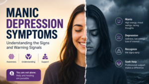 Manic depression symptoms infographic showing signs of mania and depression, including mood changes, high energy, racing thoughts, sadness, and low energy.