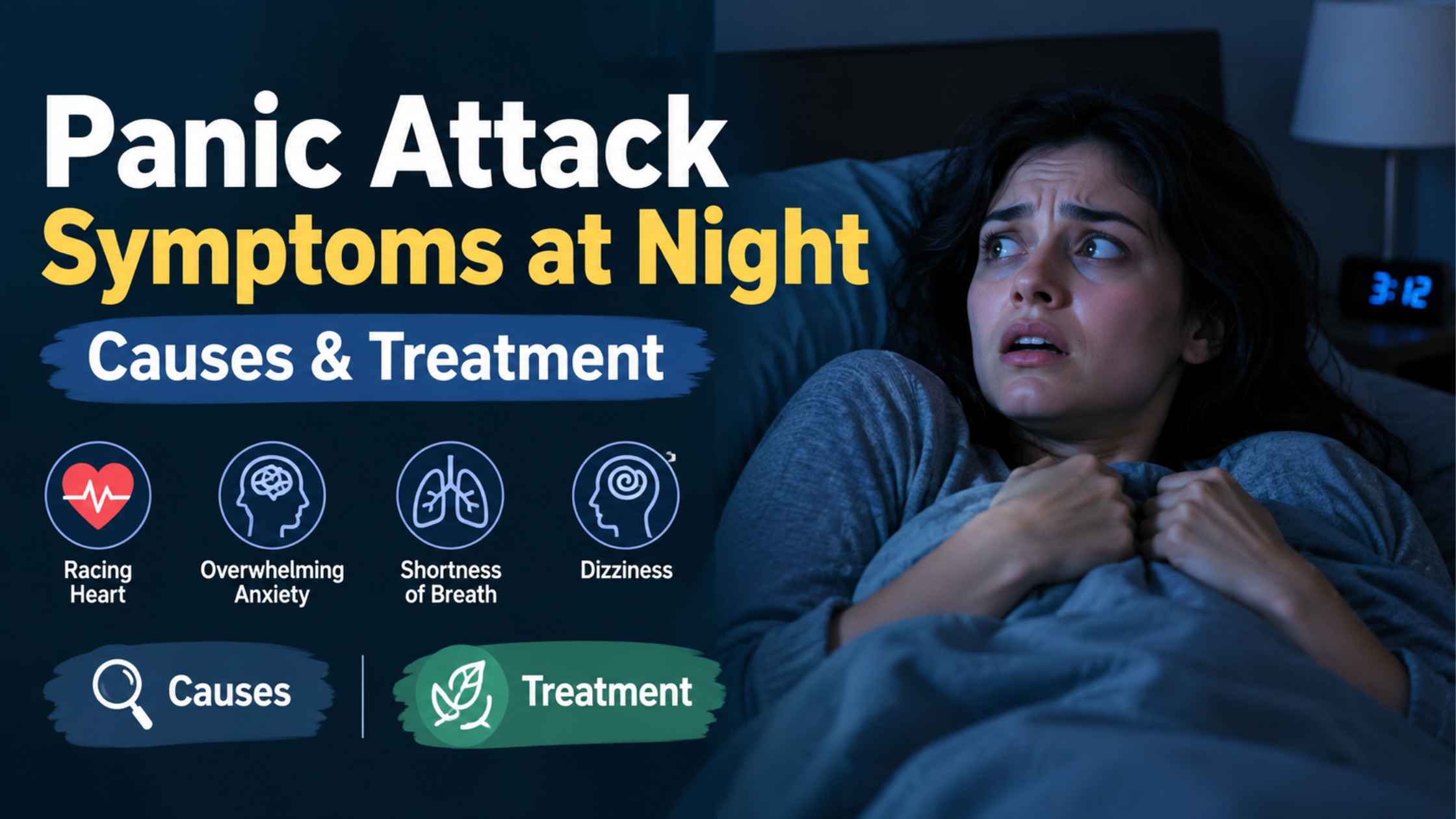 Panic attack symptoms at night, showing a woman awake and distressed in bed with her hand on her chest, with information about causes and treatment.