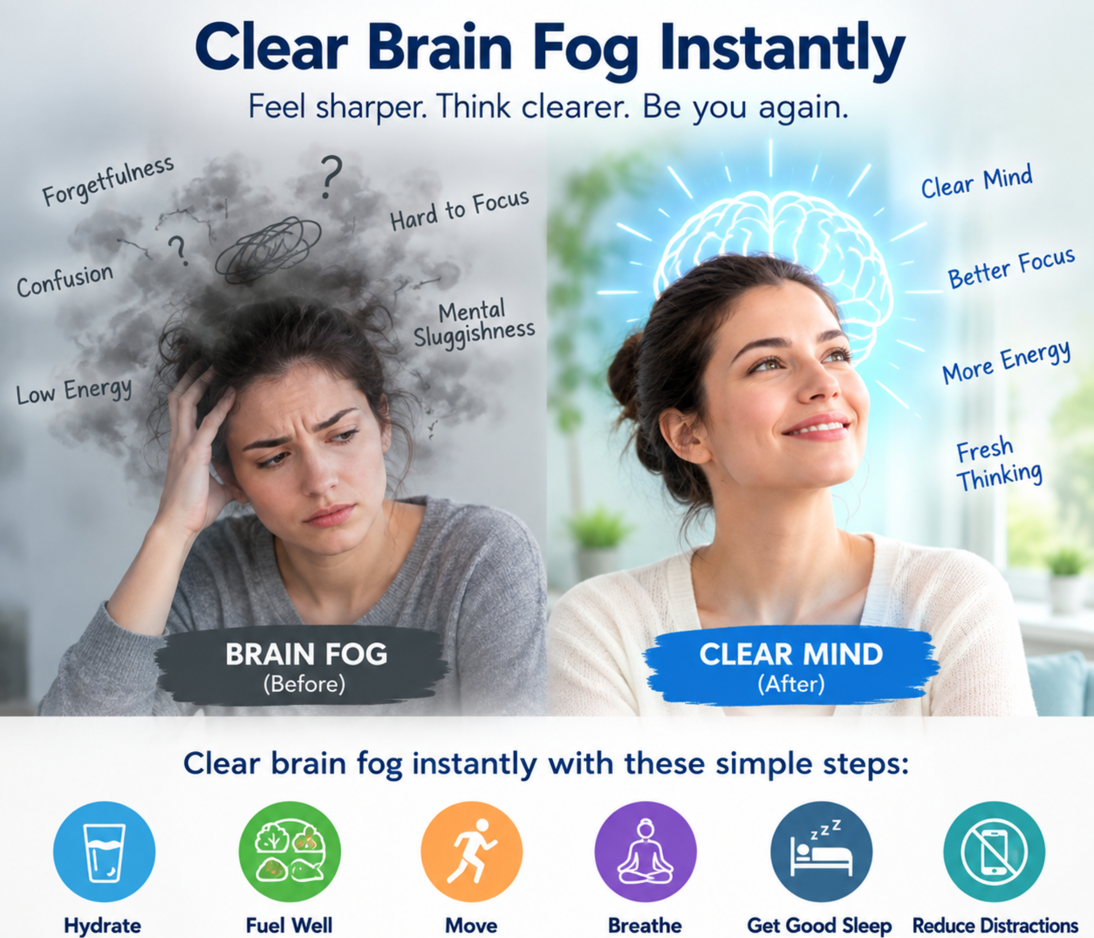 Infographic titled “Clear Brain Fog Instantly” showing a before-and-after comparison of brain fog and a clear mind, with six tips: hydrate, eat well, move, breathe, get good sleep, and reduce distractions.