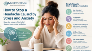 How to stop a headache caused by stress and anxiety, with tips for hydration, relaxation, sleep, screen breaks, and mental health support