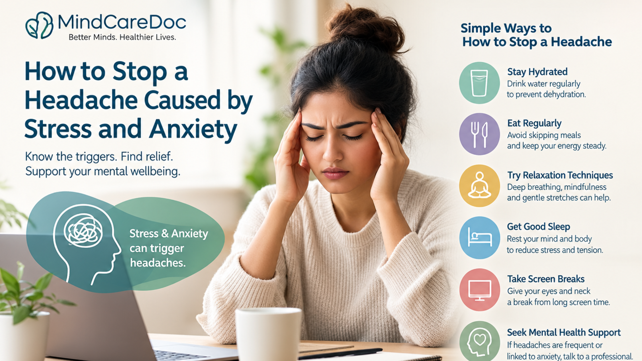 How to stop a headache caused by stress and anxiety, with tips for hydration, relaxation, sleep, screen breaks, and mental health support