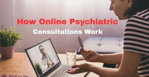 Woman speaking with an online psychiatrist during a video consultation on a laptop — illustrating how online psychiatric consultations work.