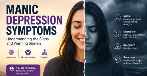 Manic depression symptoms infographic showing signs of mania and depression, including mood changes, high energy, racing thoughts, sadness, and low energy.