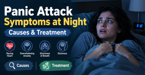 Panic attack symptoms at night, showing a woman awake and distressed in bed with her hand on her chest, with information about causes and treatment.