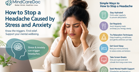How to stop a headache caused by stress and anxiety, with tips for hydration, relaxation, sleep, screen breaks, and mental health support