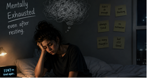 Woman feeling mentally exhausted even after resting, sitting thoughtfully at home with a cup of tea and phone nearby.
