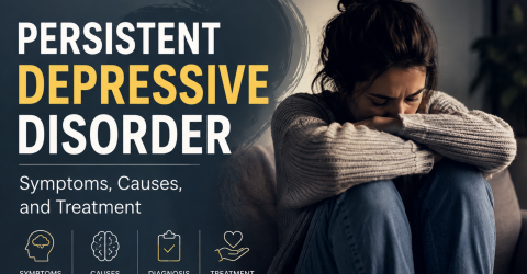 Persistent Depressive Disorder symptoms, causes, diagnosis, and treatment represented by a woman experiencing emotional distress.