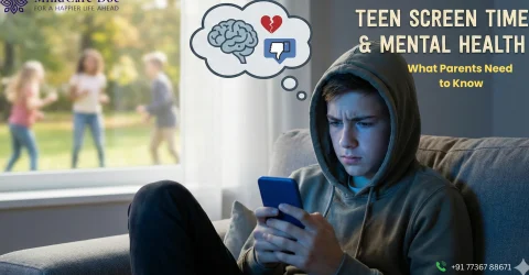 Teen Screen Time & Mental Health concept showing a teenage boy using a smartphone indoors while other teens play outside, highlighting Teen Screen Time & Mental Health concerns.