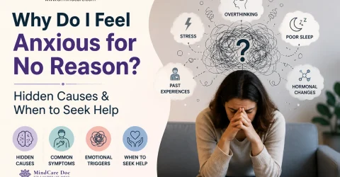 Why do I feel anxious for no reason? Featured image showing a person experiencing anxiety with hidden causes like stress, overthinking, poor sleep, and hormonal changes.