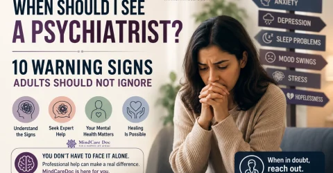 When should I see a psychiatrist? Featured image showing an adult experiencing emotional distress with warning signs including anxiety, depression, sleep problems, mood swings, stress, and hopelessness.