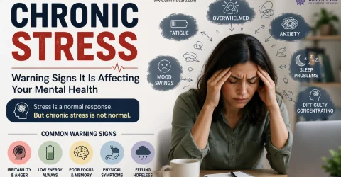 Chronic stress warning signs affecting mental health shown through symptoms like anxiety, fatigue, sleep problems, mood swings, irritability, and difficulty concentrating.
